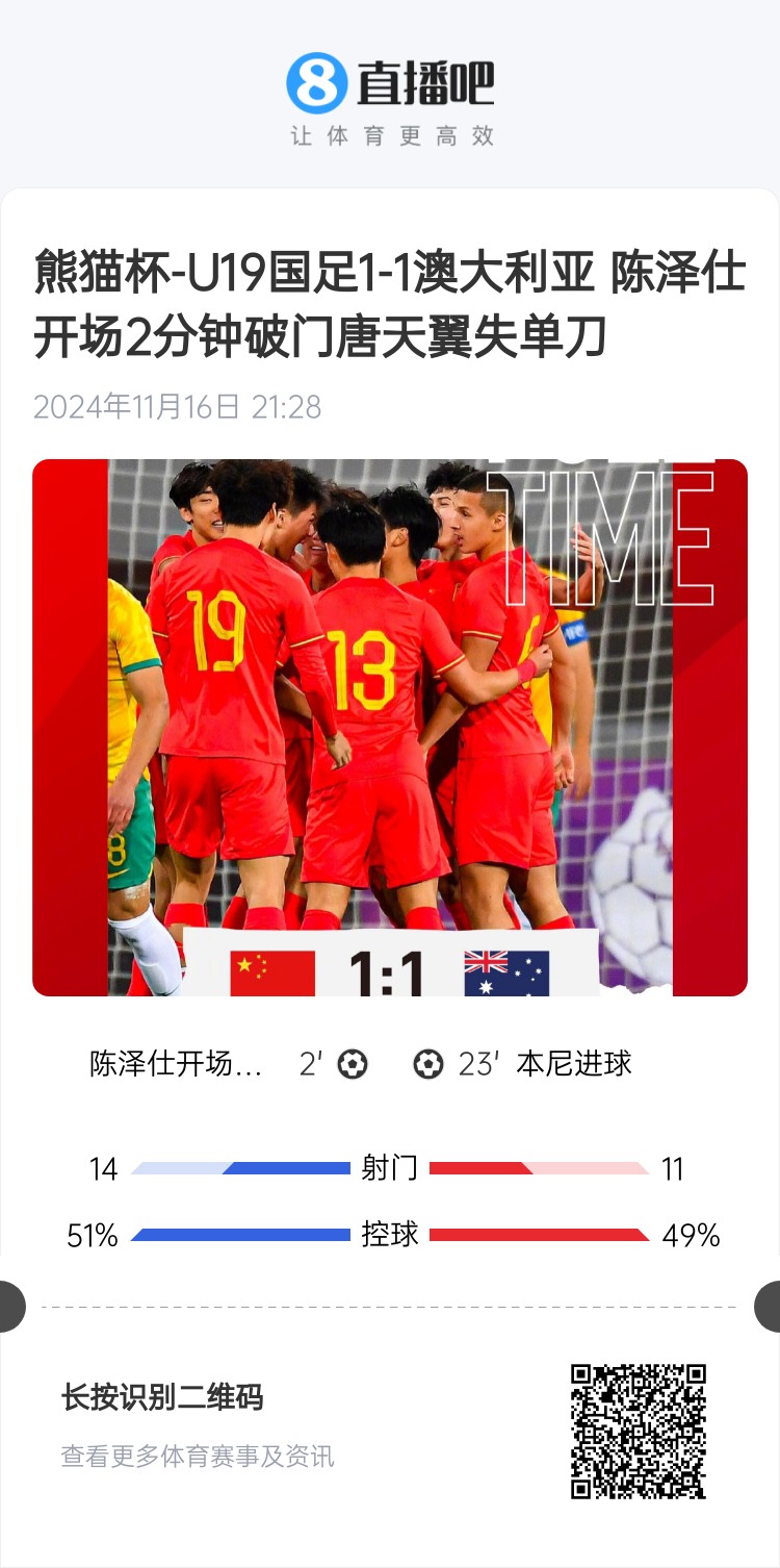  二番戰(zhàn)！U20國(guó)青與澳大利亞去年熊貓杯剛有過(guò)交手，雙方1-1戰(zhàn)平